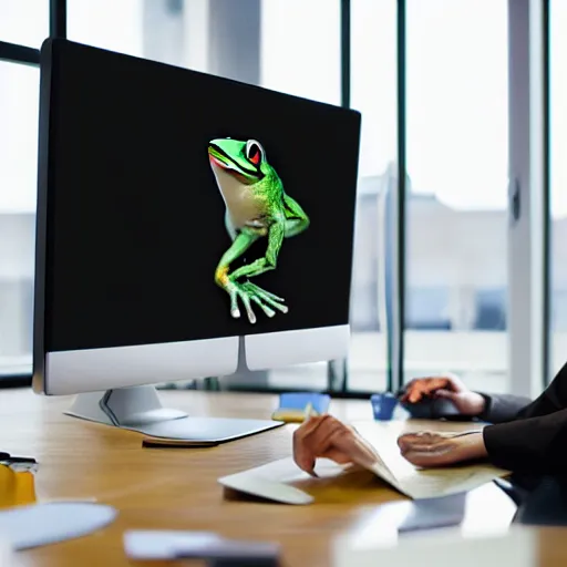 Image similar to a frog working as a software developer in an office, 8k, hyper realistic, render