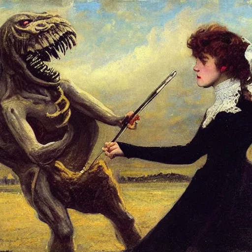 Image similar to young victorian woman fighting a monster, by alfred stevens