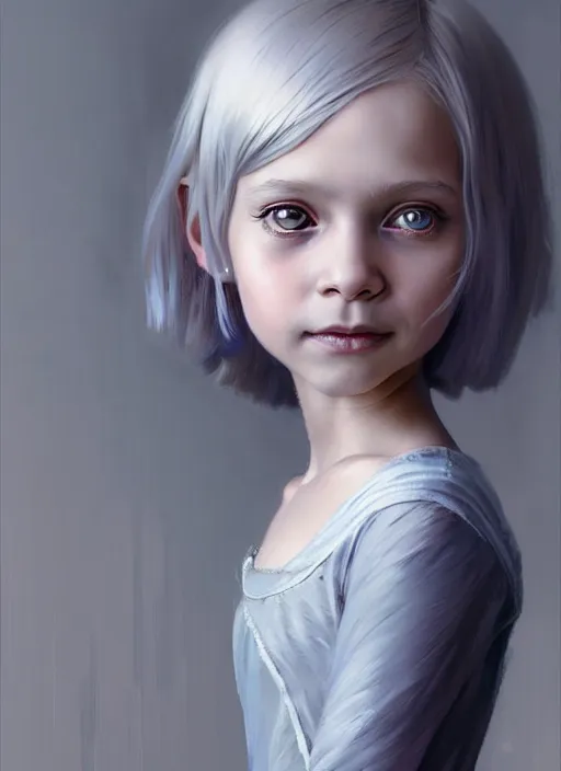 Image similar to Portrait of little girl, D&D fantasy, her hair is silver and styled in a Bob Cut, she has a joyful expression, and is wearing a lightly-colored dress. Intricate, highly detailed, digital painting, artstation, concept art, sharp focus, illustration, art by greg rutkowski and Ross Tran