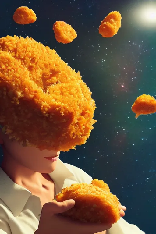 Image similar to A flower eating a chicken nugget in space. ArtStation. Octane render