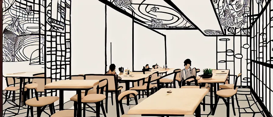 Image similar to a beautiful interior view illustration of a small roasted string hotpot restaurant of baota mountain in yan'an city, restaurant wall paper is a tower on a mountain, rectangle white porcelain table, black chair, animation illustrative style, from china, simple style structure decoration design, victo ngai, james jean, 4 k hd