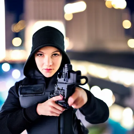 Image similar to photographic portrait of a techwear woman holding a Glock 18, closeup, on the rooftop of a futuristic city at night, sigma 85mm f/1.4, 4k, depth of field, high resolution, 4k, 8k, hd, full color