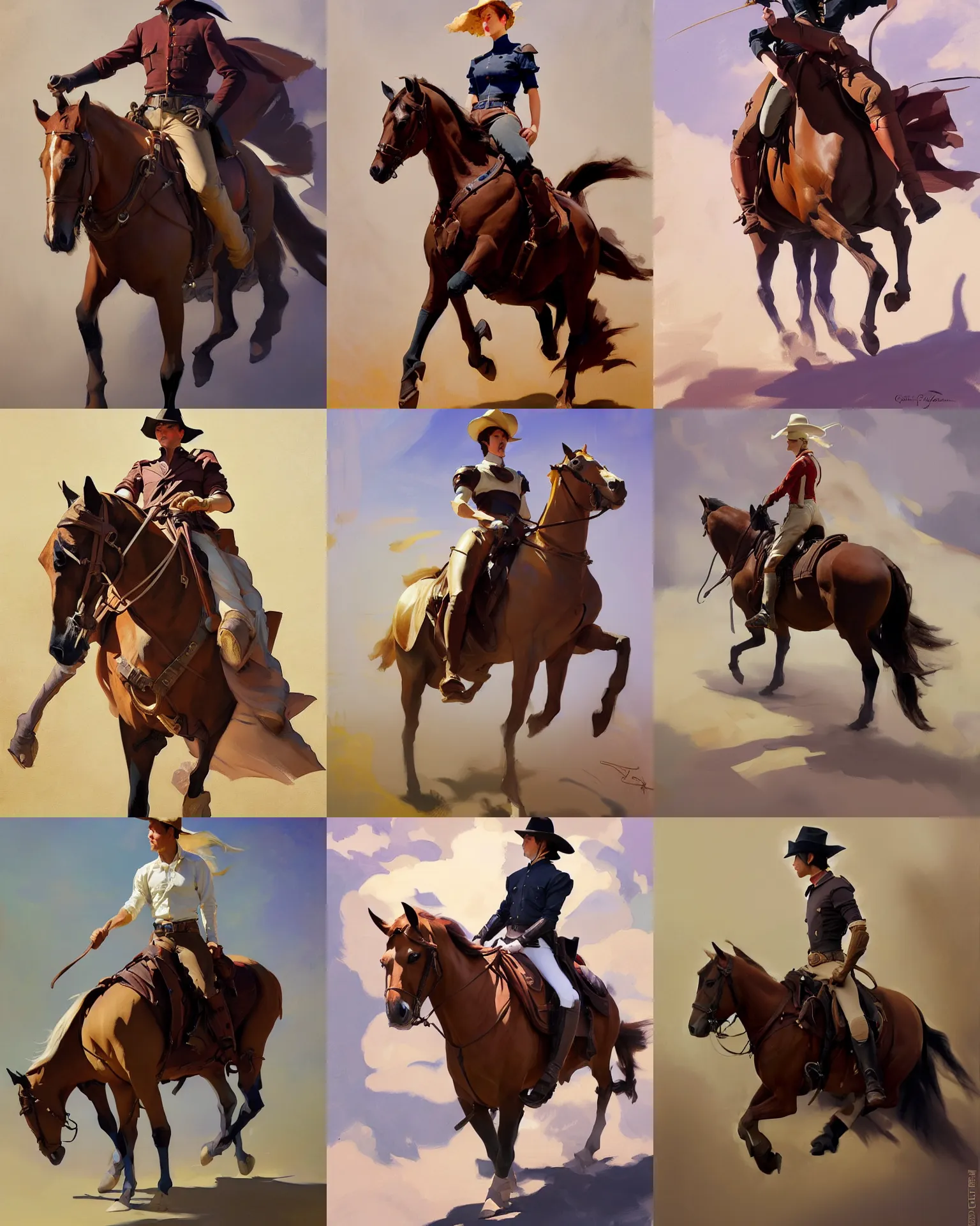 Prompt: cloth fabric riding horse jodhpurs greg manchess painting by sargent and leyendecker, studio ghibli, fantasy, medium shot, asymmetrical, intricate, elegant, matte painting, illustration, hearthstone, by greg rutkowski, by greg tocchini, by james gilleard, by joe fenton