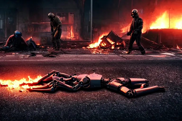 Image similar to vfx film closeup, dead robot couple on the ground holding hands, city street tire tracks fire. flat color profile low - key lighting award winning photography arri alexa cinematography, hyper real photorealistic cinematic atmospheric cool colorgrade