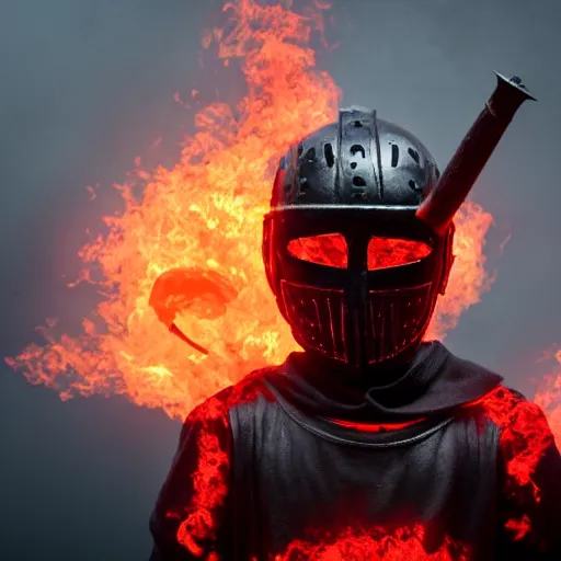 Image similar to a black knight in shining armor, a terrible mask on his face, eyes burning with red fire. a boy is standing next to him and he has a sword in his hands