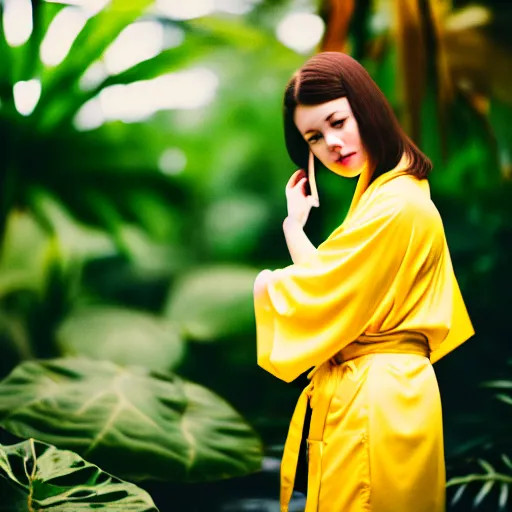 Prompt: Photograph. Film still. of a young woman!!! wearing a yellow kimono in a tropical greenhouse, 4K. 35 mm lens, bokeh