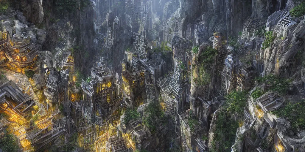 Image similar to an underground fantasy city on steep mountains, 8 k