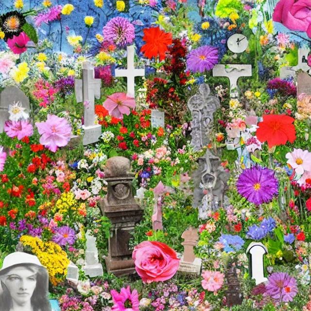 Prompt: flowers and graves, surrealistic collage art