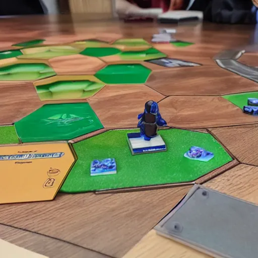 Image similar to photo of the 3d, haptic version of the board game 'Terraforming Mars', product photo, sneak peak, f4.8, 35mm, hexagon plates, people sitting around a table