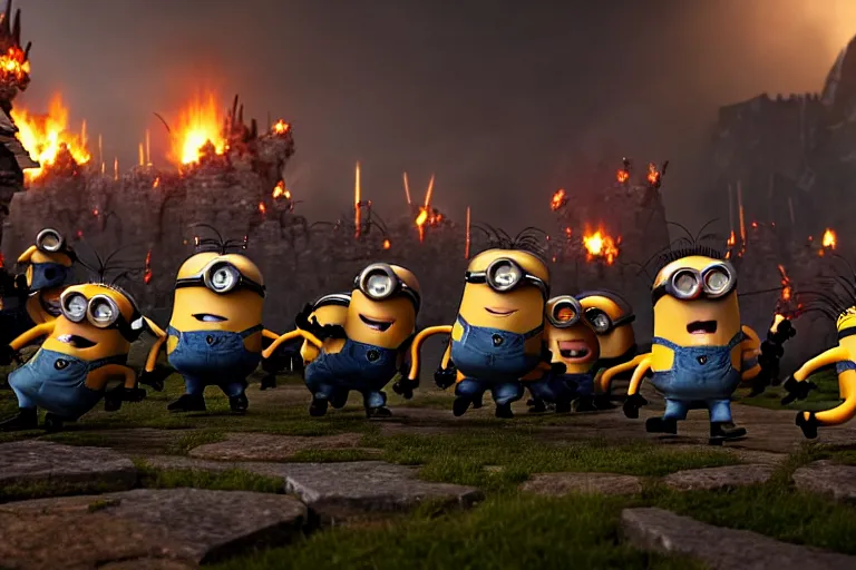 Image similar to a group of minions fighting a group of orcs, setting is bliss wallpaper, realistic, 4 k, detailed, atmospheric, cinematic lighting, octane render, unreal engine render, ray tracing lighting