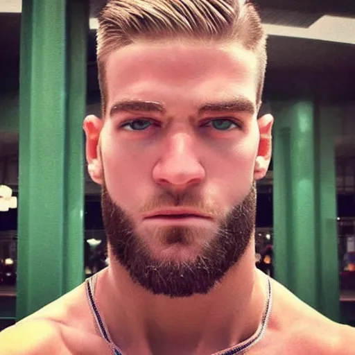 Image similar to “a realistic detailed photo of a guy who is an attractive humanoid who is half robot and half humanoid, who is a male android, baseball player Bryce Harper, shiny skin, posing like a statue, blank stare”