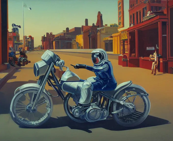 Image similar to a very detailed painting of a astronaut wearing a suit, riding a motorbike down a street, harley davidson motorbike, worm's - eye view, very fine brush strokes, very aesthetic, very futuristic, in the style of edward hopper and grant wood and syd mead, 4 k,