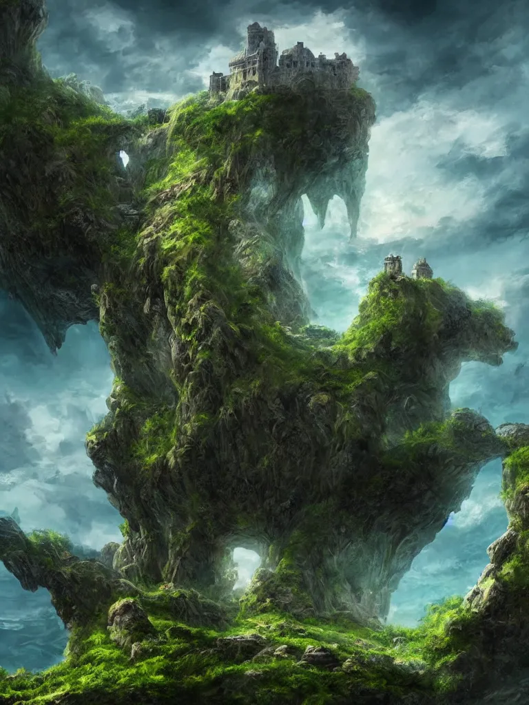 Prompt: a stunning wide angle view of an ancient fantasy castle built with rock bridges on top of a green stone island in the middle of a deep green wavy sea, sun through majestic clouds, highly detailed rock structures, artistic composition, sharp focus on houses, intricate concept art, digital painting, colorful flat surreal design, hd, 8 k, artstation, ambient lighting