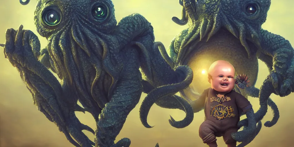 Image similar to cute happy baby cthulhu, golden hour, fantasy, sharp focus, digital art, hyper realistic, 4 k, unreal engine, highly detailed, hd, dramatic lighting by brom, trending on artstation, new cats movie