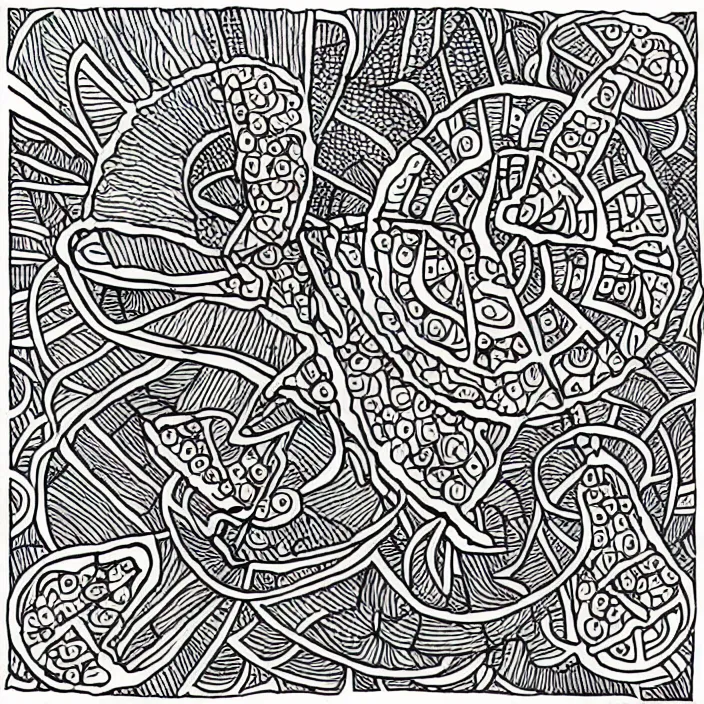 Prompt: pizza:: zentangle! art, ink illustration :: explosion of colors