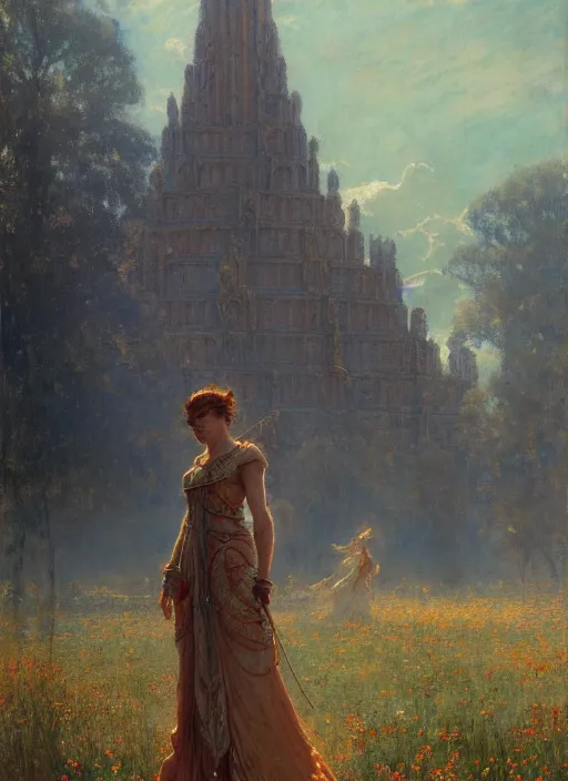 Prompt: giant castle temple megastructure in meadow by gaston bussiere, anna nikonova aka newmilky, greg rutkowski, yoji shinkawa, yoshitaka amano, moebius, donato giancola, geoffroy thoorens, trending on artstation, pixiv, cinematic composition, 8 k