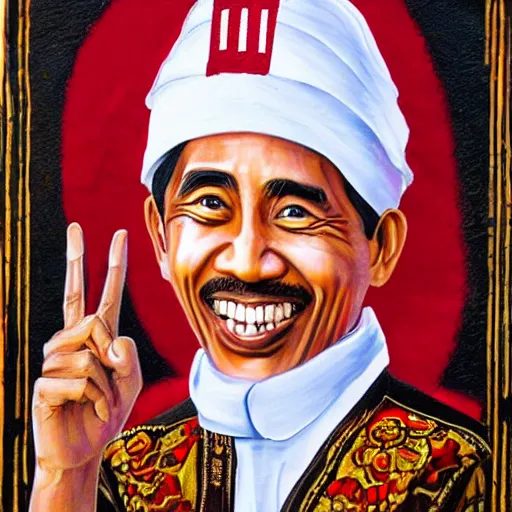 Prompt: Jokowi indonesian president as saint,with ortodhox syrian painting styles,with realistic details and authentic historical art