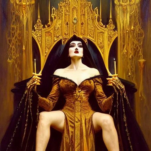 Prompt: perfectly centered portrait of attractive vampire queen in gold gothic robe sitting on a throne of black bones, highly detailed painting by gaston bussiere, craig mullins, j. c. leyendecker, 8 k, mid shot