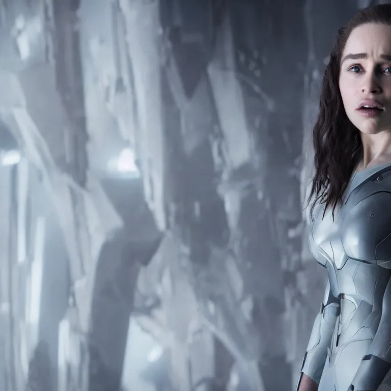 Image similar to scifi emilia clarke looks like ghost in the shell, extremely high detail, photorealism, sony a 7 r