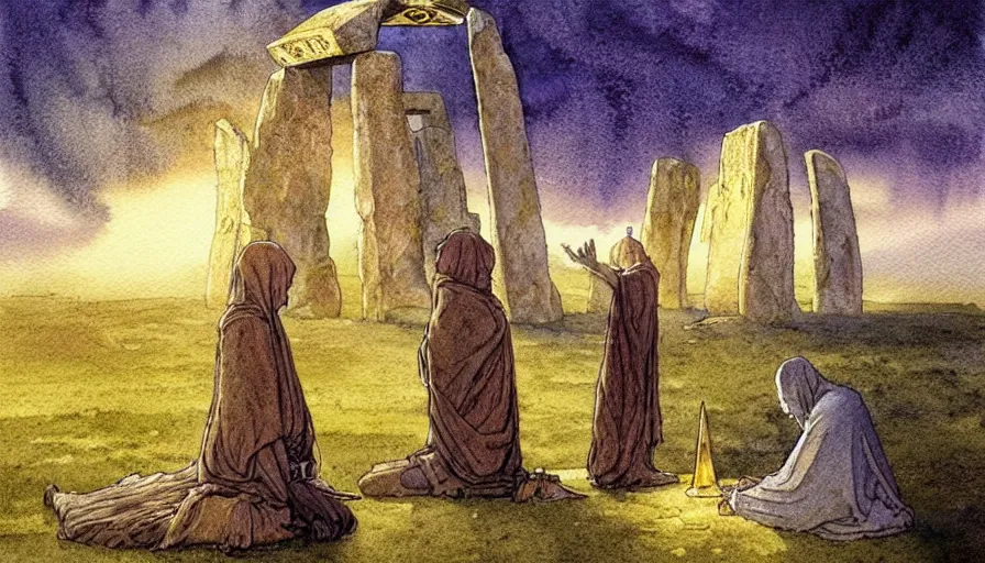 Prompt: a realistic and atmospheric watercolour fantasy concept art of a golden ufo landing on top of stonehenge. a giant medieval monk in grey robes on his knees praying. muted colors. by rebecca guay, michael kaluta, charles vess and jean moebius giraud