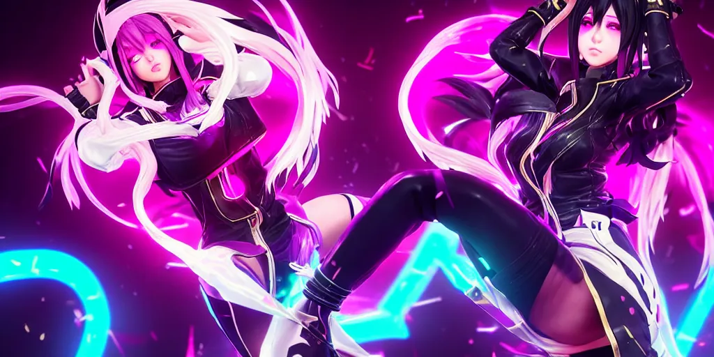 Image similar to KDA Ahri with her eyes closed singing facing the camera centered with headphones on in the style of a code vein character, momo from twice in code vein in the style of WLOP, artgerm, yasutomo oka, rendered in unreal engine and redshift octane , background is surrounded by epic neon glitch effect digital art dynamic dramatic lighting, soft lighting, imagine fx, artstation, cgsociety, by Bandai Namco artist,