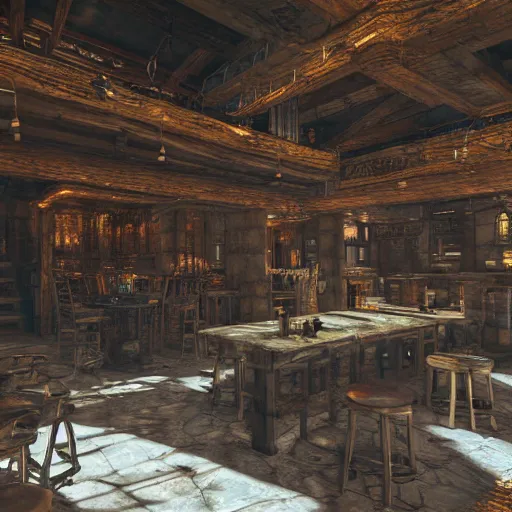 Image similar to ultra mega super hyper realistic Digital concept interior design of tavern in Cyberpunk style mixed with medieval style. More cyberpunk less medieval. Natural white sunlight from the transperient roof. Rendered in VRAY and DaVinci Resolve and MAXWELL and LUMION 3D, Volumetric natural light