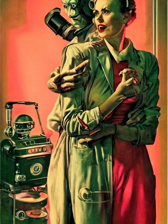 Prompt: a female mad scientist and a retro robotic!!! man!!!, in a darkly lit laboratory room, 1 9 5 0 s horror film movie poster style, ( norman rockwell oil painting ), retro science fiction, vintage, saturated pink and green lighting, shadowy lighting