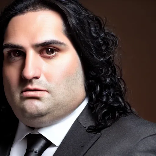 Prompt: Close up portrait of a clean-shaven chubby man with long black hair wearing a brown suit and necktie with a television in the background. Photorealistic. Award winning. Dramatic lighting. Intricate details. UHD 8K. He looks sad.
