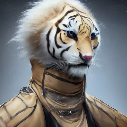 Image similar to a beautfiul award winning aesthetic commission of an antrho albino tiger wearing a black padded hooded puffer jacket,golden cahin around the neck,digital art,art by artgerm,character design by charles bowater,ross tran,photorealistic,detailed face,hyperdetailed,western comic,2021,artstation,deviantart