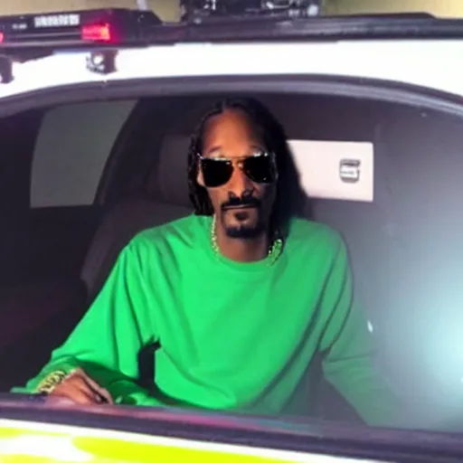 Image similar to Snoop Dogg with a smile on his face, sitting in a police car, there is marijuana everywhere in the car, and a lot of smoke