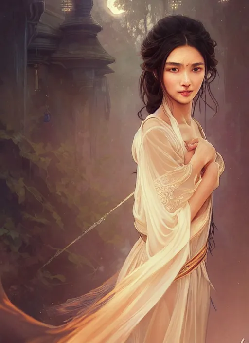 Image similar to cute brown woman wearing a transparent night gown and hanfu face veil, fantasy, intricate, highly detailed, digital painting, artstation, concept art, wallpaper, smooth, sharp focus, illustration, art by artgerm and greg rutkowski and alphonse mucha