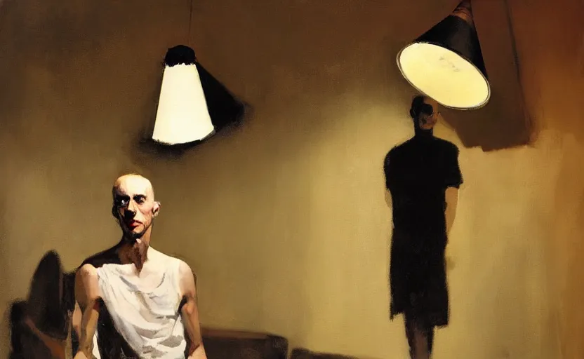 Image similar to a thin man with a lampshade on his head in a dark living room, painted by phil hale and rick berry and jeremy mann, highly detailed