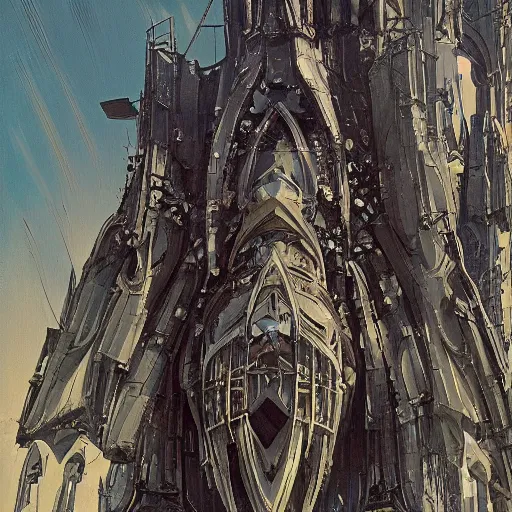 Prompt: detailed portrait of an organic scifi gadget, exterior, gothic ornaments, brutal archi, ian mcque, syd mead, minoru nomata