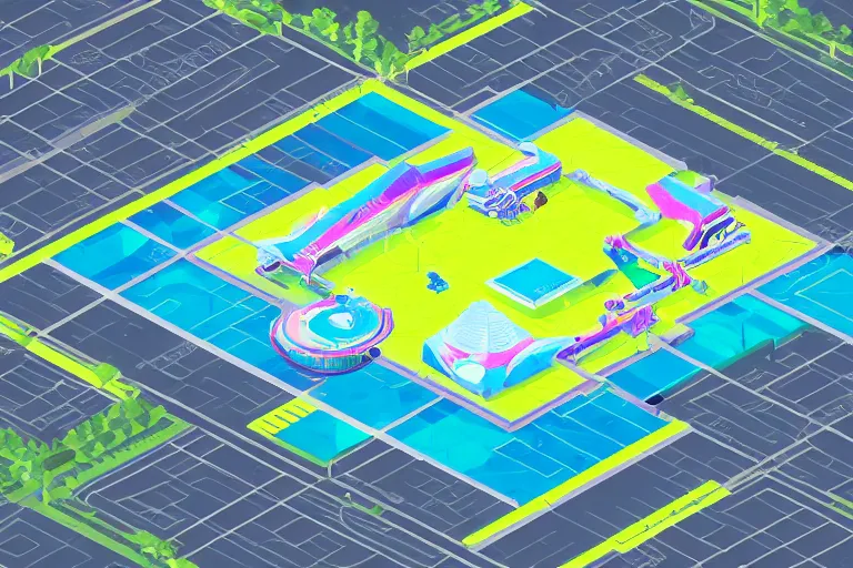 Image similar to isometric view of a futuristic high - tech sky arena inspired by modern skate parks and modern chinese playgrounds in the style of splatoon, day