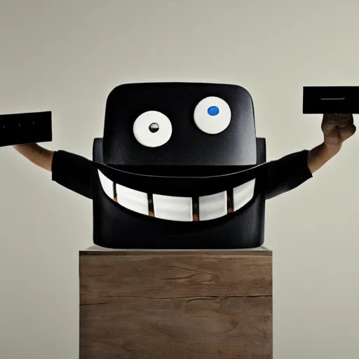 Image similar to an anthropomorphic toaster with googly eyes, black stick legs, black stick arms, and a hat