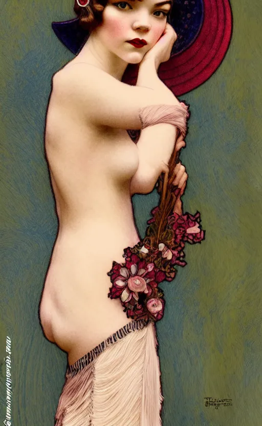 Image similar to flapper girl anya taylor-joy, beth harmon, thomasin, gina gray, casey cooke, traditional corsican, intricate, highly detailed, artstation, illustration, jurgens, rutkowski, bouguereau, mucha, roaring 20s, 1920s gaudy color