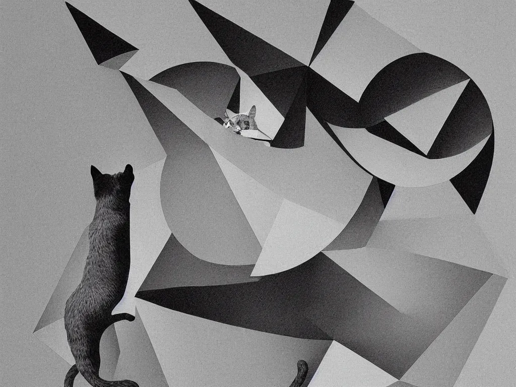 Image similar to cat hanging on hyper-dimensional impossible geometric object, low detail, highly abstract, vivid, a little bit touch of M. C. Escher