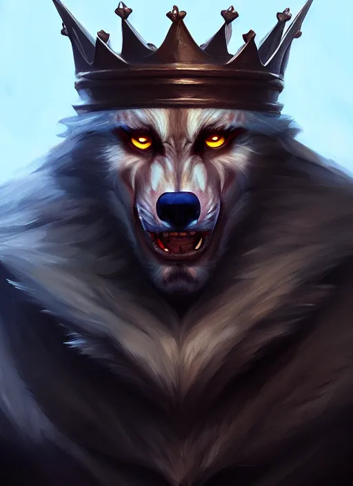 Prompt: portrait painting of werewolf king with crown, acrylic, daz. detailed, portrait, oil painting, artstation, unreal 5, hd, artgerm, dnd, rpg