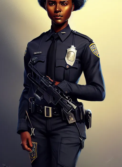 Prompt: full body portrait of young black woman as a police officer, police uniform, intricate, beautiful and elegant, highly detailed, digital painting, artstation, concept art, smooth, sharp focus, illustration, art by wlop, mars ravelo and greg rutkowski