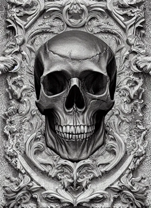 Prompt: hyper realistic photography depth map of intricate renaissance skull ornament relief leaves, cinematic, symmetric detailed, artstation, cgsociety