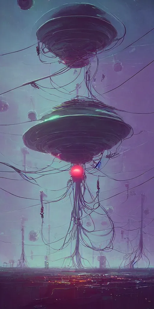 Image similar to mushroom starship with long tendrils, lots of hanging cables and wires, messy cords, sci - fi concept art, by john harris, by simon stalenhag, stunning, award winning