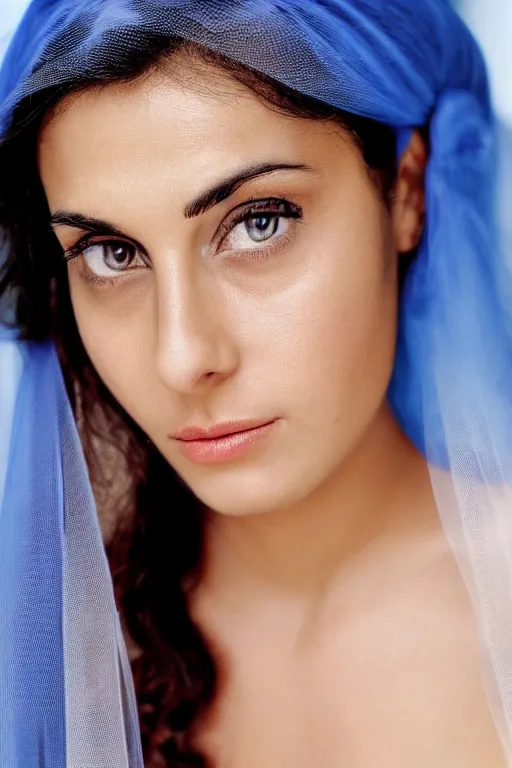 Prompt: young Monica Belluci as an Arab woman, tanned skintone, bright blue eyes, white transparent veil, headscarf, model face, light blue decent dress, closeup portrait, focus