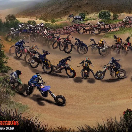 Prompt: erzberg rodeo off road motorcycle race in a 7 circles of hell by dante, game art, super detailed, 5 riders on a picture are going uphill