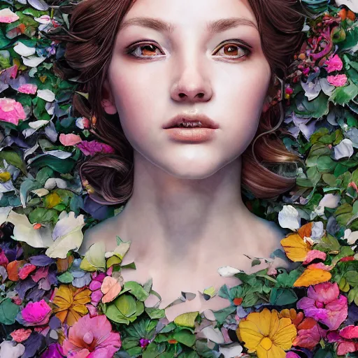 Prompt: the portrait of an absurdly beautiful, graceful, elegant mature young woman made of petals looking up, an ultrafine detailed illustration by kim jung gi, irakli nadar, intricate linework, bright colors, octopath traveler, final fantasy, angular, unreal engine 5 highly rendered, global illumination, radiant light, detailed and intricate environment