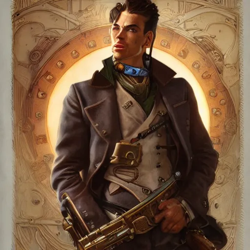 Prompt: vintage portrait of a western steampunk male holding a gun, highly detailed, digital painting, art by Stanley Lau and Artgerm and magali villeneuve and Alphonse Mucha, artstation, octane render, cgsociety