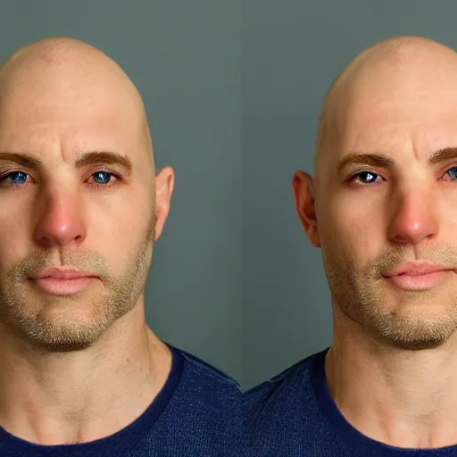 Image similar to He is white, middle aged, and completely bald. He has strong, manly facial features, but has no facial hair, not even eyebrows or eyelashes. He has an average build, with some chest hair. He has big round blue eyes.