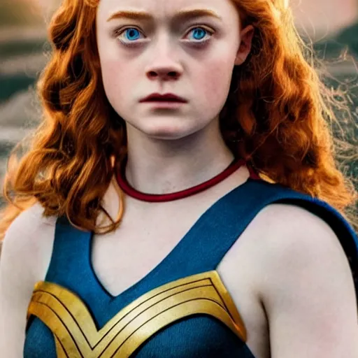 Prompt: film still of sadie sink playing wonder women, hd, 8 k, high resolution, cinematic, golden hour lighting, beautiful hair, holding golden whip