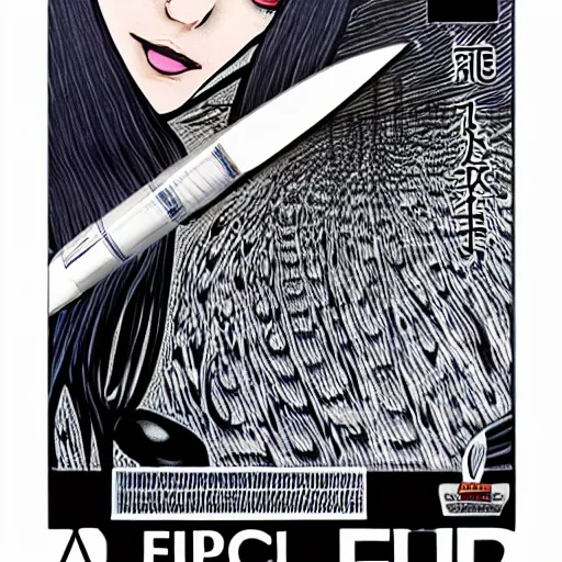 Image similar to a product photo ad of a technical gel pen exacto knife by junji ito, ethereal eel