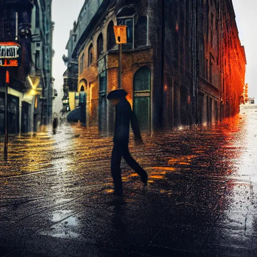 Prompt: lava man walking on a rainy street in a abandoned city, golden hours, heat wave, 4 k photoshop, photorealistic, 1 0 0 m, sharp focus, bokeh
