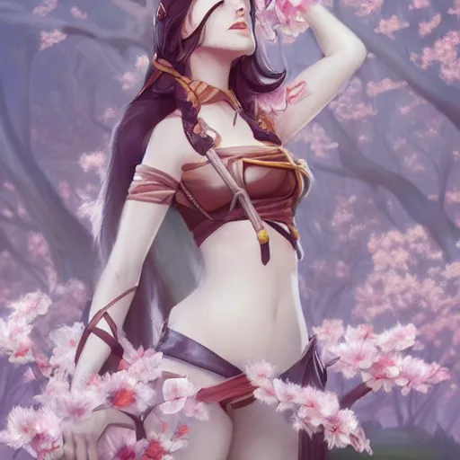 Image similar to stylized D&D character, kitsune cleric leaning against a cherry blossom tree, digital art by Artgerm, James Zapata, concept art, beautiful, highly detailed, trending on artstation